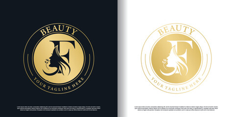 Naklejka premium initial f logo design with beauty women icon and creative concept premium vector