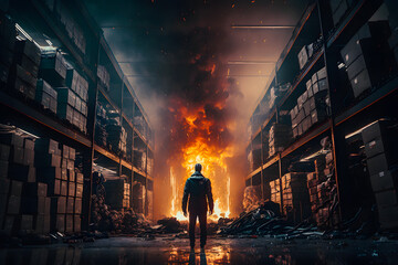 Silhouette of a man in a burning warehouse. Fire in the warehouse of building materials, goods, chemicals, flammable materials. Explosion flash gas intense flames. Generative AI.