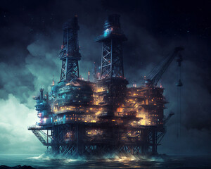 Oil gas industry business technology for production of fuel, gasoline, petrol. Industrial platform in water fantasy digital illustration. Generative AI