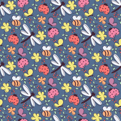 seamless pattern with insects and flowers 