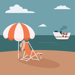 Summer vacation lounge and parasol on sea beach