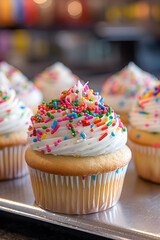 Fototapeta na wymiar Cute cupcakes with rainbow sprinkles created with Generative AI technology
