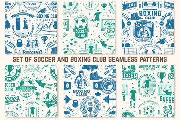 Boxing and soccer club seamless pattern. Vector. For sport club background with boxer, soccer player, goalkeeper and gate silhouettes. Concept for boxing and soccer sport pattern background or