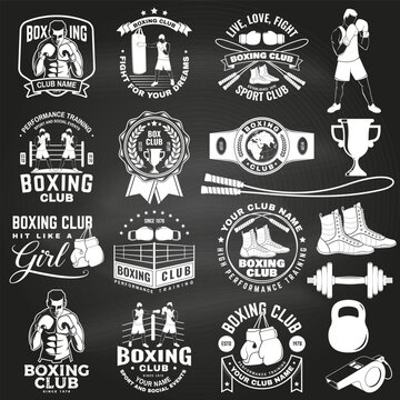 Set of Boxing club badge, logo design on chalkboard. Vector illustration. For Boxing sport club emblem, sign, patch, shirt, template. Vintage monochrome label, sticker with Boxer, gloves, boxing jump