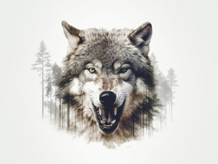 Double exposure - close-up of an angry wolf and forest, Generative AI