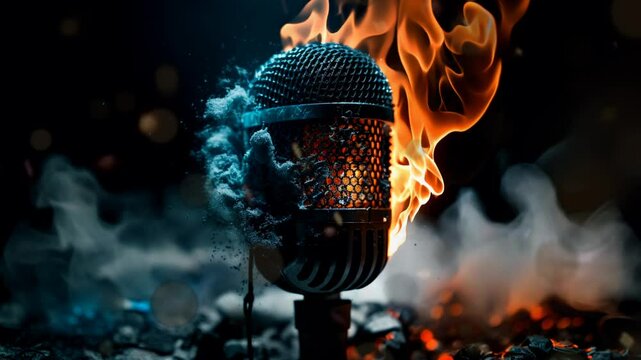 microphone burning, colourful fire flames 4K footage