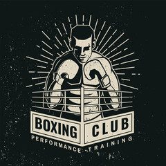 Set of Boxing club badge, logo design. Vector illustration. For Boxing sport club emblem, sign, patch, shirt, template. Retro poster, banner with Boxer and boxing ring silhouette. - obrazy, fototapety, plakaty
