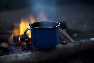 A blue enamel cup filled with hot, steaming coffee is placed on a wooden surface.