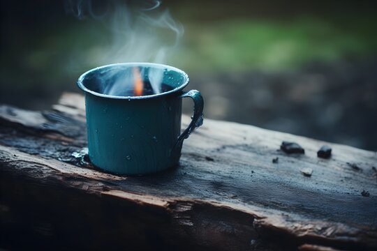 A cup of hot coffee on a wooden table.