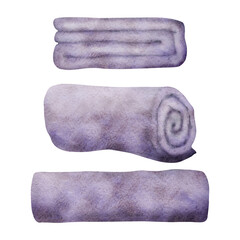 Hand drawn watercolor spa skincare bath towels folded and rolled, purple violet ochre. Isolated object on white background. Design for wall art, wellness resort, print, fabric, cover, card, booklet.