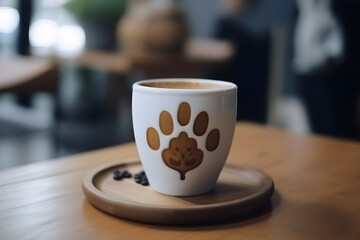 A white mug on a wooden table featuring coffee with latte art in the shape of a dog's paw.