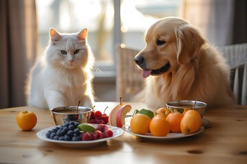 A Golden Retriever and British Shorthair are sharing a meal together.
