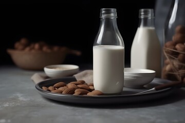 A glass bottle filled with organic almond milk sitting next to a ceramic plate.