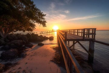 A panoramic view of a footbridge leading to Smathers Beach.