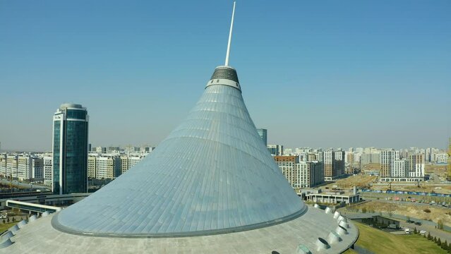 Aerial view over the city center with Khan Shatyr and central business district Kazakhstan, Astana, Central Asia