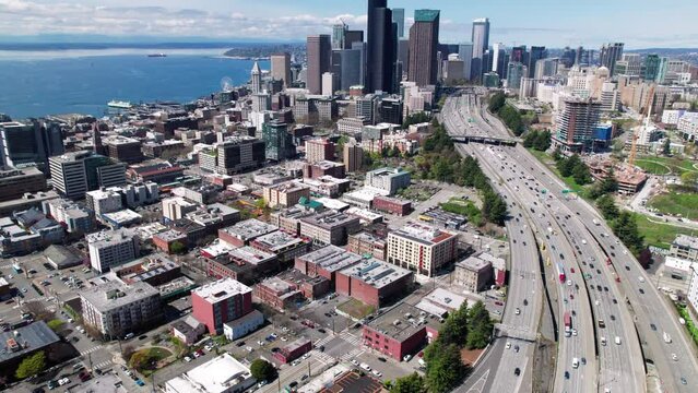 Downtown Seattle Skyline Aerial Reveal on Sunny Day