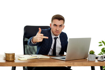 businessman works on laptop pc computer and showing Ok gesture