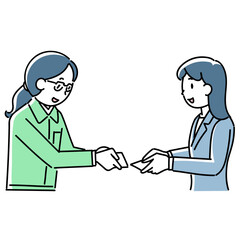 名刺交換をする作業服の女性とスーツ姿の女性