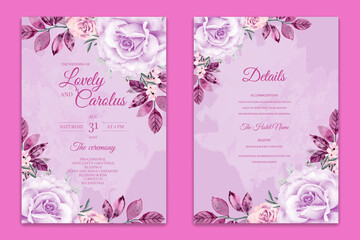 A pink and purple wedding invitation with a floral design and a quote about save the date