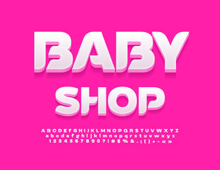 Vector advertising poster Baby Shop. Stylish white 3D Font. Artistic Alphabet Letters and Numbers