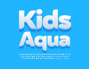 Vector artistic poster Kids Aqua. Creative White 3D Font. Modern Alphabet Letters and Numbers set