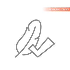 Bird feather and checkmark line vector icon. Lightweight outline symbol.