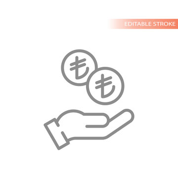 Outline flat icon of Turkish lira coins falling in hand. Hand and coin money dropping line vector.