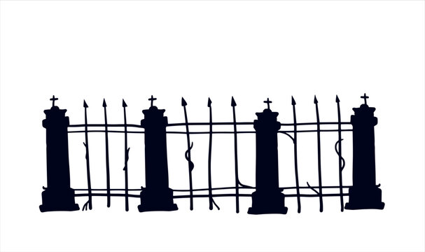 Old fence of cemetery. Halloween decoration. Black silhouette of gloomy wall. Flat illustration isolated on white