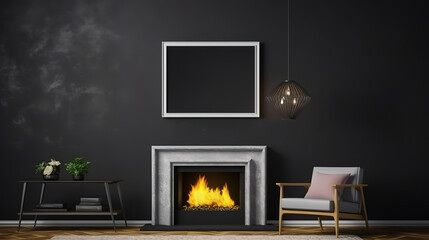 Mock up poster frame in dark interior background with fireplace. Generative Ai
