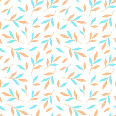 Plant seamless pattern with orange and blue leaves. Vector illustration of foliage. Botanical pattern with twigs. Deciduous background.