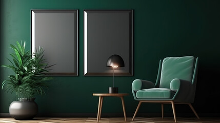 Mockup poster frame in modern dark green home interior, 3d render, Bright color. Generative Ai