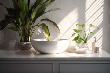 home house tropical white sink leaf interior bathroom green design clean. Generative AI.