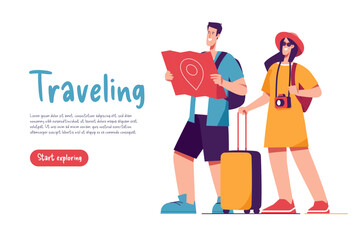 Vector illustration of a couple of tourists travelers with the suitcase and the map