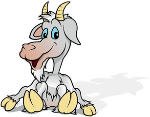 White Smiling Goat with Blue Eyes Sitting on the Ground