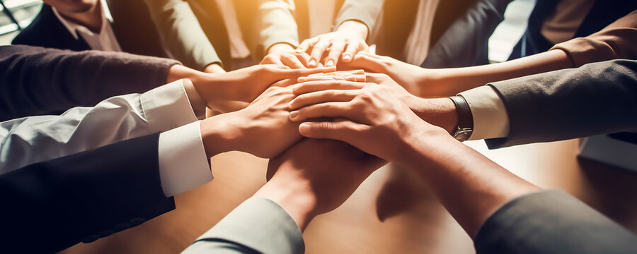 Success of team concept, Top view hands of Business teamwork join hands together in office, Generative AI