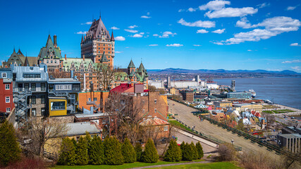 Quebec City skyline, architecture, buildings, view of Frontenac Castle  or Fairmont Le Chateau Frontenac in Canada overlooking the St. Lawrence River - obrazy, fototapety, plakaty