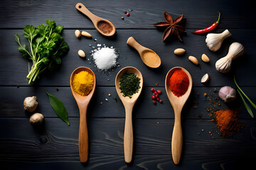Wooden spoon and ingredients fresh herbs and spices on old black wooden table background