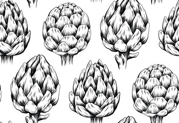 Vector monochrome pattern with a sketch of artichokes in row on a white background. Texture with drawn vegetables with hatching.