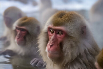 A troupe of mischievous wild monkeys joyfully frolic and play at the outdoor snowing hot spring onsen, appearing carefree and at ease in their natural habitat. generative AI.