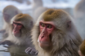 Naklejka premium A troupe of mischievous wild monkeys joyfully frolic and play at the outdoor snowing hot spring onsen, appearing carefree and at ease in their natural habitat. generative AI.