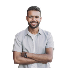Handsome smiling young man with folded arms isolated transparent PNG, Joyful cheerful businessman with crossed natural portrait