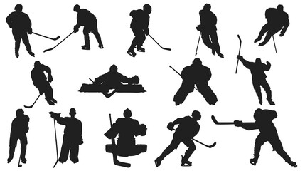 Ice hockey players silhouettes vector set ice hockey player in action with ball