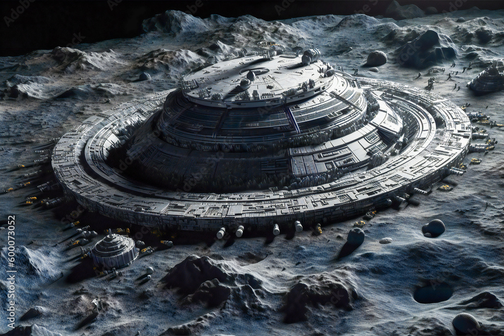 Poster future moon other planets moons base or scientific facility. moon or outer space colonization concep