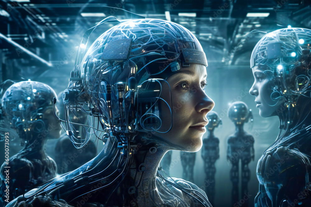 Poster inter connected human beings or androids. concept of artificial intelligence or collective intellige