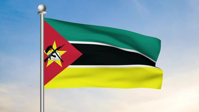 Mozambique Flag Waving In Blue Sky - Powered by Adobe