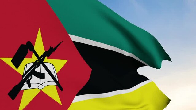 Mozambique Flag Waving In Blue Sky - Powered by Adobe
