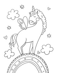 Doodle unicorn coloring page for coloring page. Art poster. Cartoon black illustration on white backdrop.