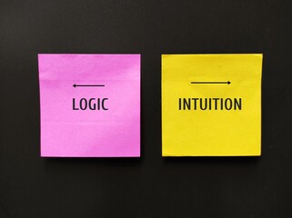 Pink and yellow note with text LOGIC and INTUITION point to different direction,  concept of...