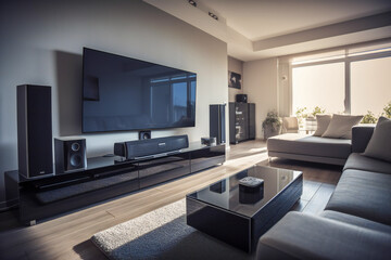 Naklejka na ściany i meble Modern living room with a big TV, audio line and furniture. Created with Generative AI technology.
