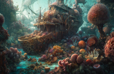 Fantasy under water illustration. Created with Generative AI technology.